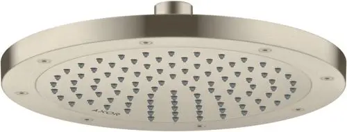 Kopfbrause mit runder, flacher Oberfläche und mehreren Auslassdüsen, im brushed Nickel-Finish, mit dem Logo der Marke AXOR sichtbar.